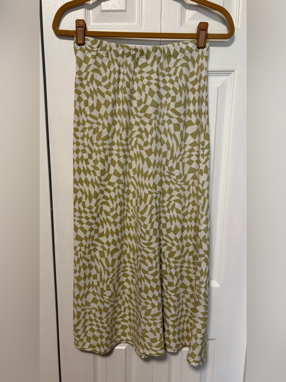 Ghanda Linen Blend Olive Green & White Geometric Maxi Skirt